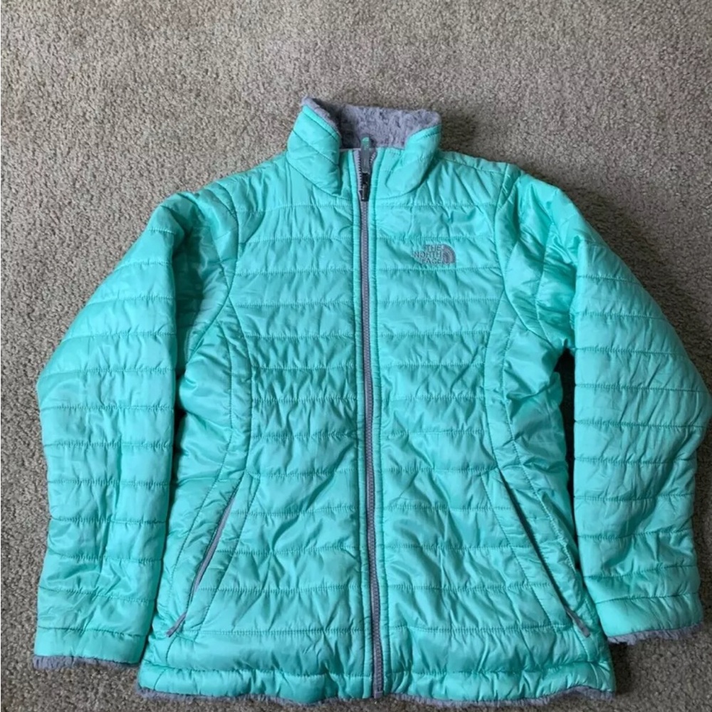 North Face kids Girls Jacket Small Teal Green Gray Mossbud Swirl Reversible Soft
